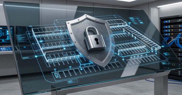 Data security concept with locked shield icon overlaid on a connected smart parking facility diagram
